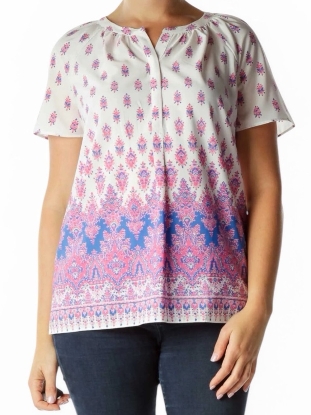 Talbots White Short Sleeve Henley Blouse with Pink and Blue Print and Border 2X